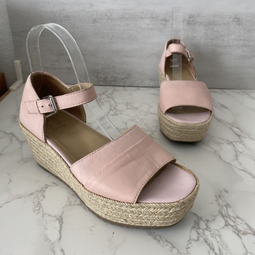 Naturalizer Espadrilles Sandals Women Sz 7.5 Pink Leather Platform Mid Heel